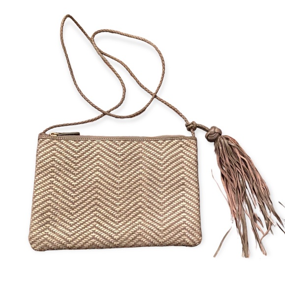 Allan K Leather Woven Metallic Bag WIth Tassel - Picture 3 of 11